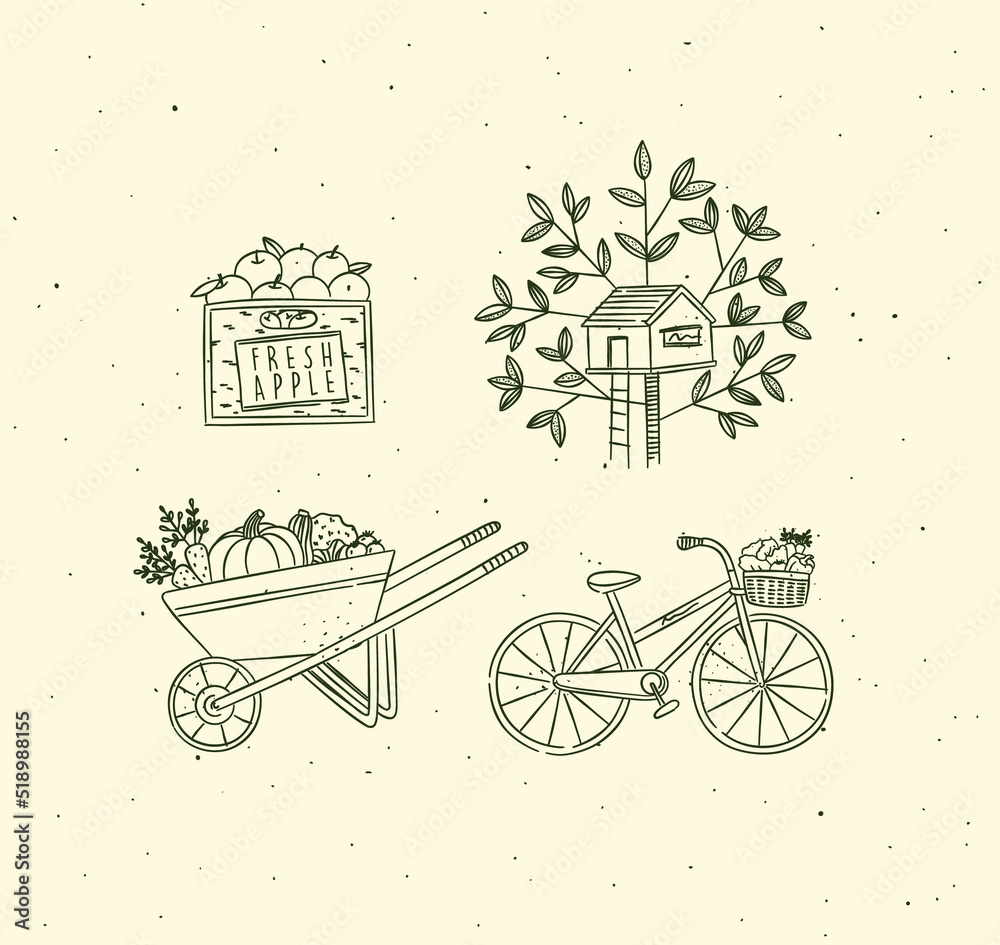 Village collection of icons apple crate, tree house, vegetable cart, bicycle drawing in graphic style on beige background