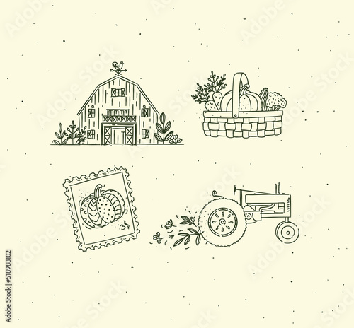 Obraz na płótnie Village collection of icons barn, vegetable basket, stamp, tractor drawing in graphic style on beige background w salonie