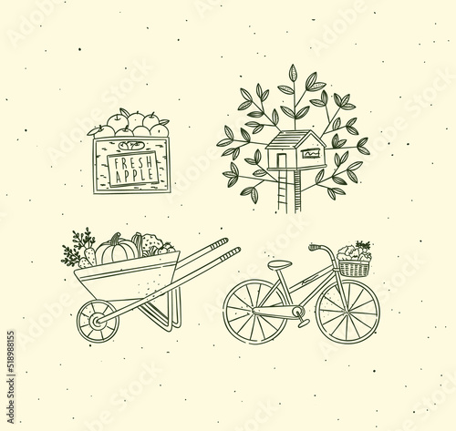 Obraz na płótnie Village collection of icons apple crate, tree house, vegetable cart, bicycle drawing in graphic style on beige background w salonie