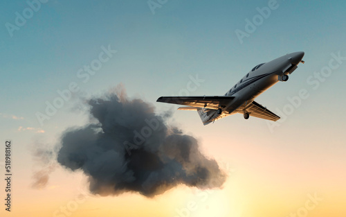 Airplane is flying over low clouds and mountains with autumn forest. Amazing landscape with passenger airplane, trees, mountains, blue cloudy sky. Passenger aircraft. Business travel. Commercial plane