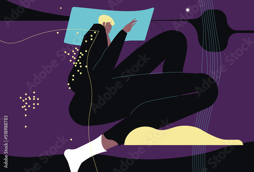 Night dreams of sleeping man. Imagination, dreamlands, fairy worlds concept. Sleepy character dreamer floating, flying in fantasies. Flat graphic vector illustrations isolated on white background