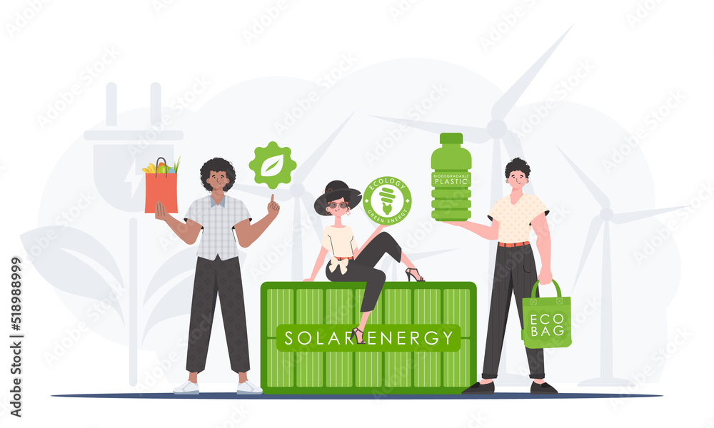 Concept of green world and ecology. People who care about the environment. Flat style. Vector illustration.