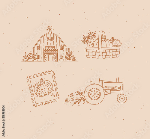 Village collection of icons barn, vegetable basket, stamp, tractor drawing in graphic style on peach background