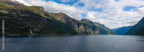 Entrance of the Geiranger fjords near Geiranger town from harbor Møre og Romsdal at Geirangerfjorden in Norway (Norwegen, Norge or Noreg)