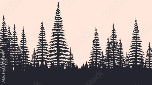 fir tree silhouette. Coniferous fir tree horizontal background pattern, black spruce wood vector illustration. fir forest scenery on plain background