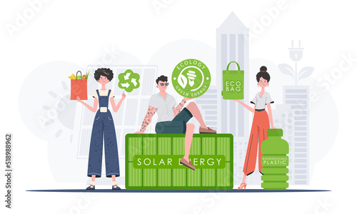 Concept of green world and ecology. ECO people. Cartoon trendy style. Vector illustration.