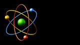 3d rendering of an atom with black background and copy space.