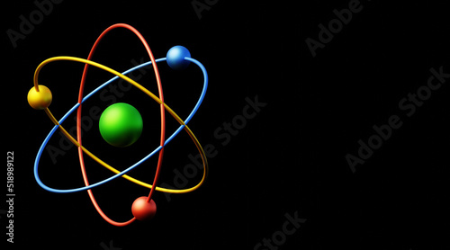 3d rendering of an atom with black background and copy space.