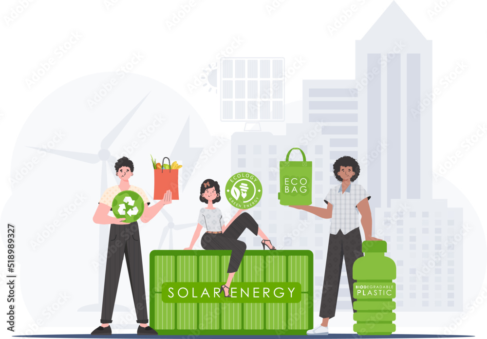 Concept of green world and ecology. EKO is a team of people who care about the environment. Flat style. Vector. - obrazy, fototapety, plakaty 