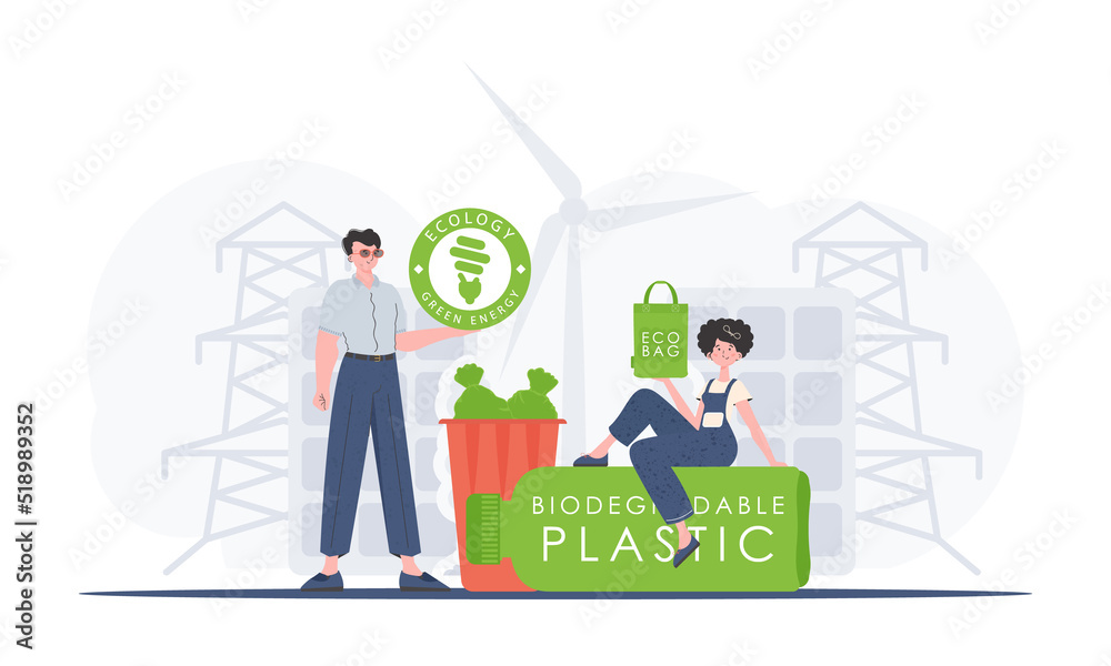 Concept of green world and ecology. EKO is a team of people who care about the environment. Cartoon trendy style. Vector illustration. - obrazy, fototapety, plakaty 