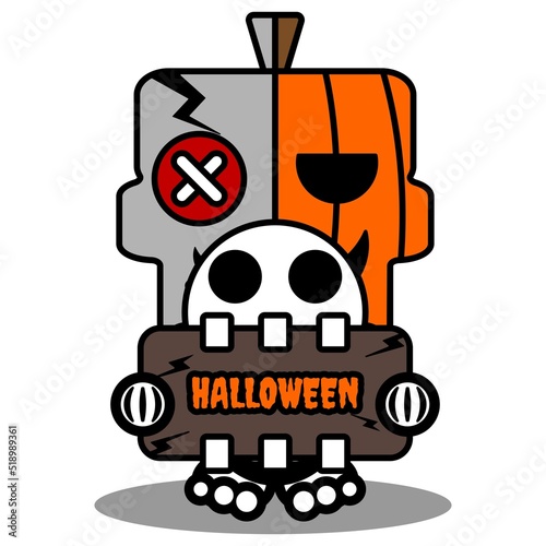 vector cartoon cute mascot skull character voodoo doll pumpkin holding halloween board