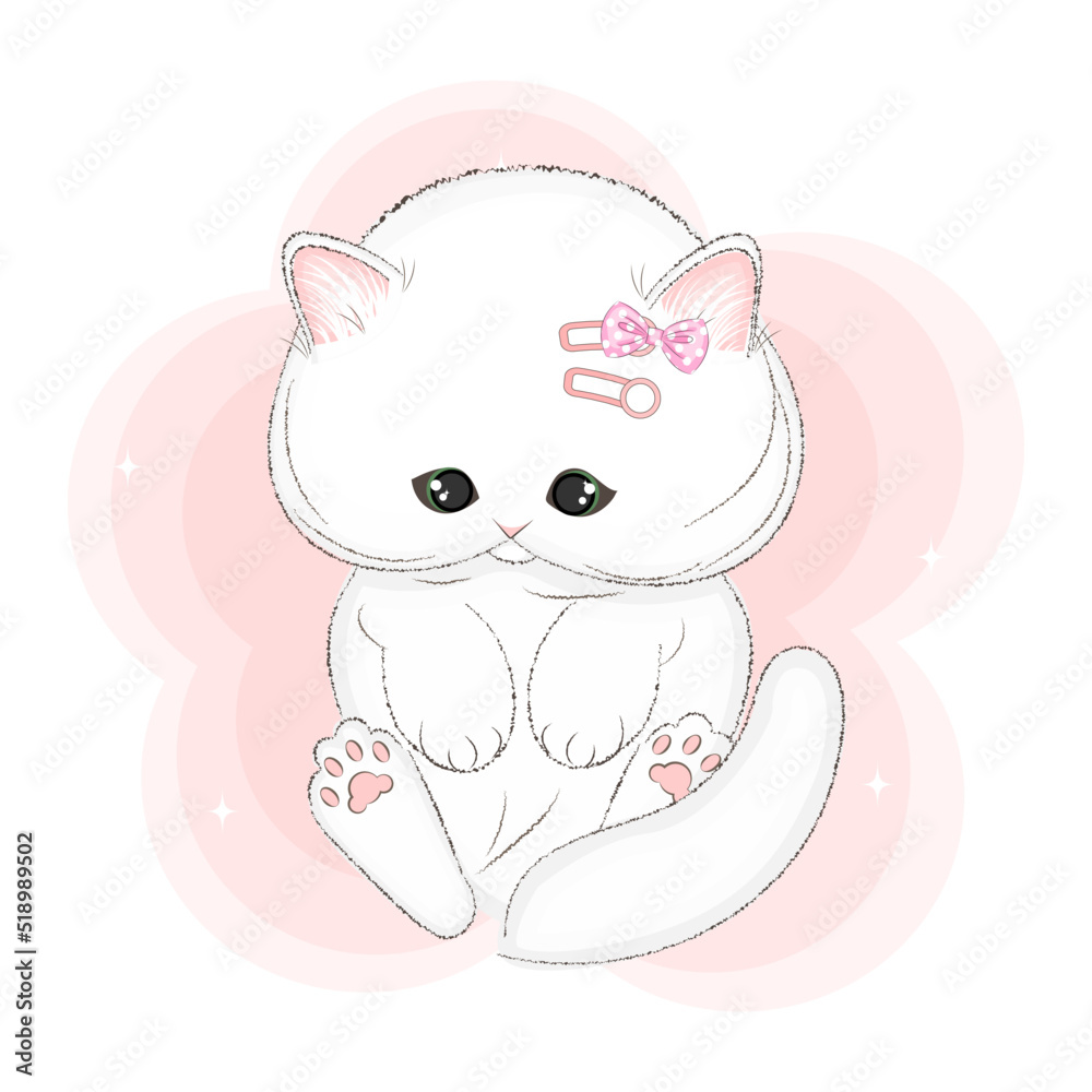 Cute kitten with hairpins, fashion vector illustration, textile print