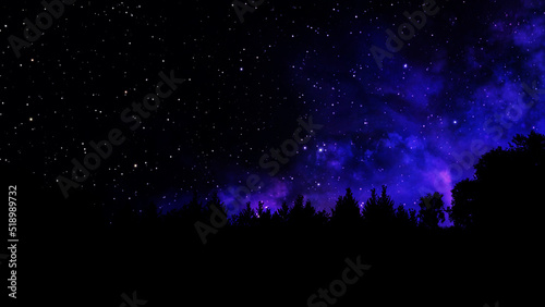 Night mysterious panoramic landscape in cold tones - silhouettes of the spruce forest under the full moon and dramatic night sky.
