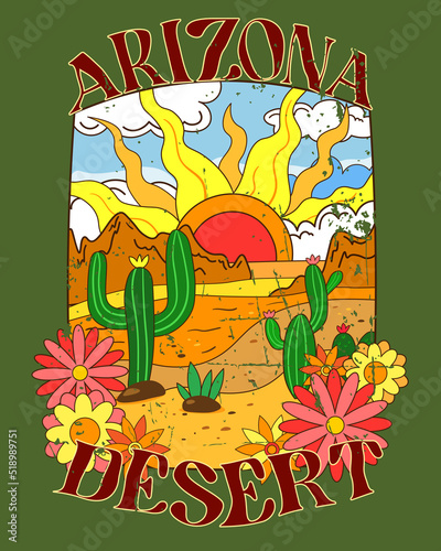 Arizona desert  vector print design for t shirt and others. Retro vintage art with Arizona desert and cactus. Arizona desert retro vibes print. Retro vibes art 