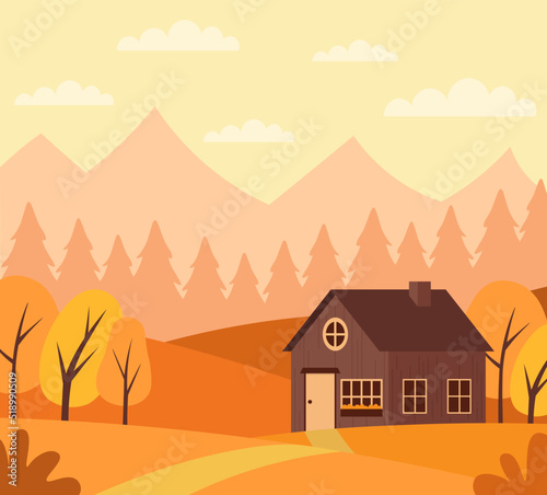 Autumn Landscape With Cabin In The Mountains In Orange Palette Vector Illustration In Flat Style