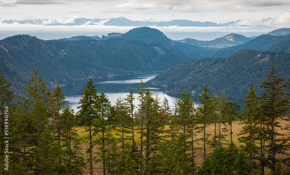 View of the Saanich inlet and gulf islands from the Malahat summit at morning in Vancouver Island, BC, Canada