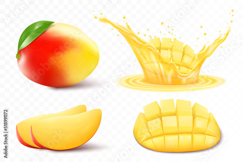 Set of fresh whole, half, cut slice mango fruits and mango in a splash of juice, isolated on white background. Summer fruits for a healthy lifestyle. organic fruit. Realistic 3d Vector illustration.