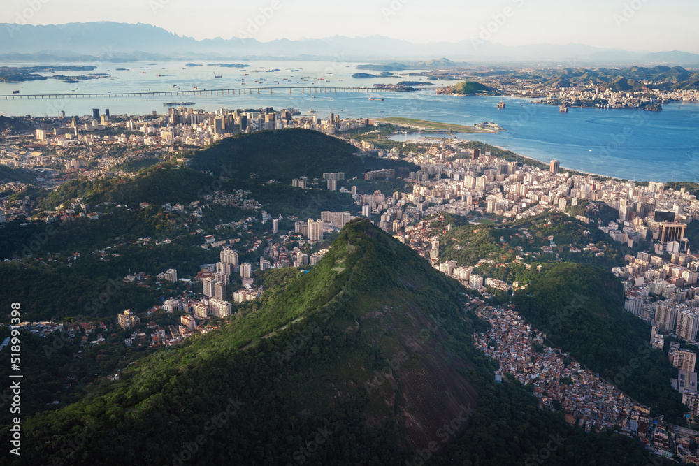 Aerial view of Rio with Santa Marta Hill and Rio-Niteroi Bridge - Rio de Janeiro, Brazil
