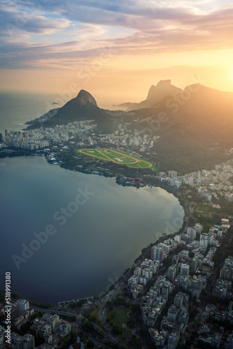 Aerial view of Rodrigo de Freitas Lagoon at Sunset with Dois Irmaos Hill and Pedra da Gavea - Rio de Janeiro, Brazil