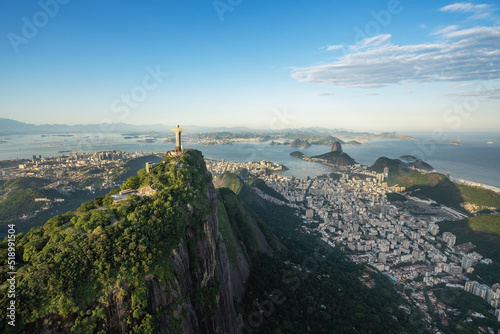 Aerial view of Rio skyline with Corcovado Mountain, Sugarloaf Mountain and Guanabara Bay - Rio de Janeiro, Brazil photo