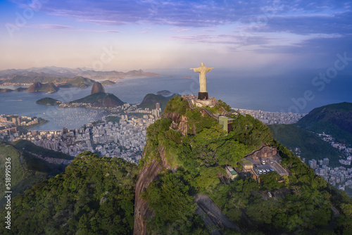 Aerial view of Rio with Corcovado Mountain, Sugarloaf Mountain and Guanabara Bay at sunset - Rio de Janeiro, Brazil