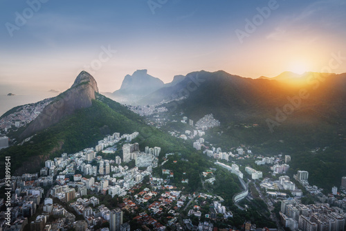 Aerial view of Rio at sunset with Dois Irmaos Mountain  Morro Dois Irmaos  and Pedra da Gavea Hill - Rio de Janeiro  Brazil