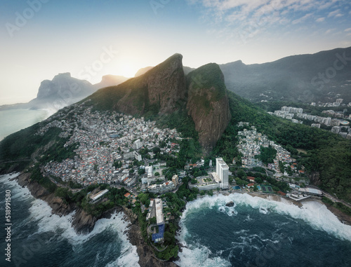 Aerial view of Dois Irmaos Mountain (Morro Dois Irmaos) with Vidigal Favela - Rio de Janeiro, Brazil photo