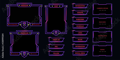 Vector streaming screen panel overlay neon theme. Live video, online stream futuristic technology style. Abstract digital user interface. Live streaming button. 10 eps