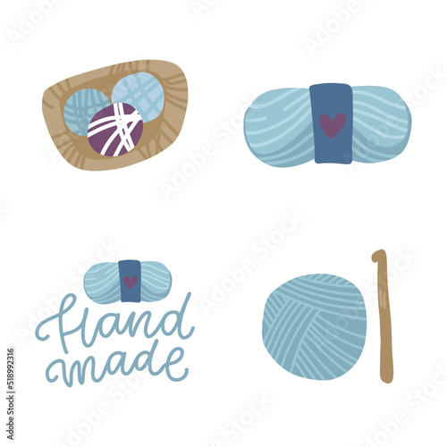 Tangle, knitting needles, hook, knitting, handmade, knitting, yarn. Knitted hand made crochet hobbies. Hand drawn vector illustration.