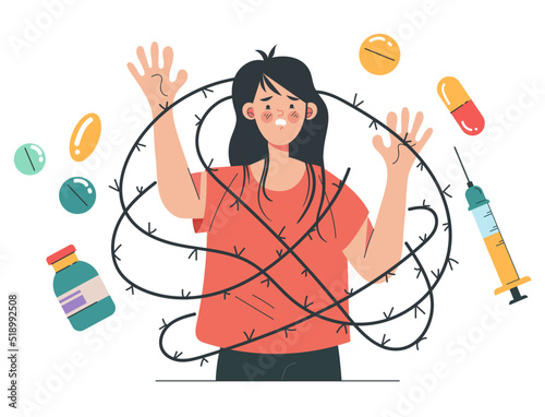 Depression mental illness medication drugs pills dependence concept. Vector cartoon design element illustration
