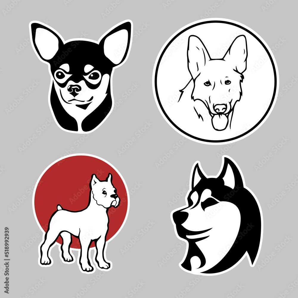 Various bright stickers with dogs. Different cute dogs as stickers for web design. Lovely puppies as sticker pack for design websites, logo, icons, signs, applications or social network communication. Various bright stickers with dogs. Different cute dogs as stickers for web design. Lovely puppies as sticker pack for design websites, logo, icons, signs, applications or social network communication.