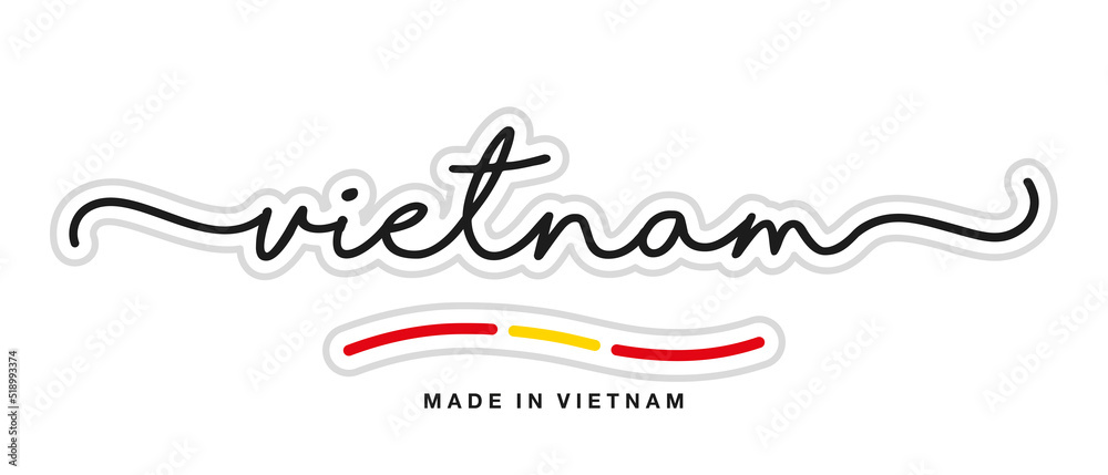 Made in Vietnam, new modern handwritten typography calligraphic logo sticker, abstract Vietnam flag ribbon banner Made in Vietnam, new modern handwritten typography calligraphic logo sticker, abstract Vietnam flag ribbon banner