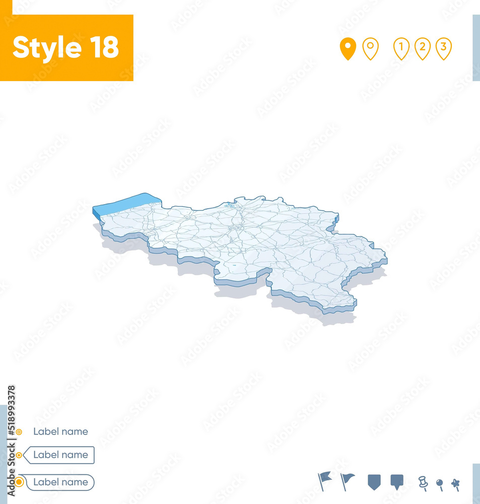 Belgium - 3d map on white background with water and roads. Vector map with shadow.