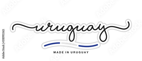 Made in Uruguay, new modern handwritten typography calligraphic logo sticker, abstract Uruguay flag ribbon banner