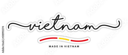 Made in Vietnam, new modern handwritten typography calligraphic logo sticker, abstract Vietnam flag ribbon banner