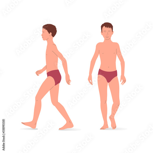 Young boy, full body of a boy, front and side view. Isometric vector illustration of a standing person and a walking person.