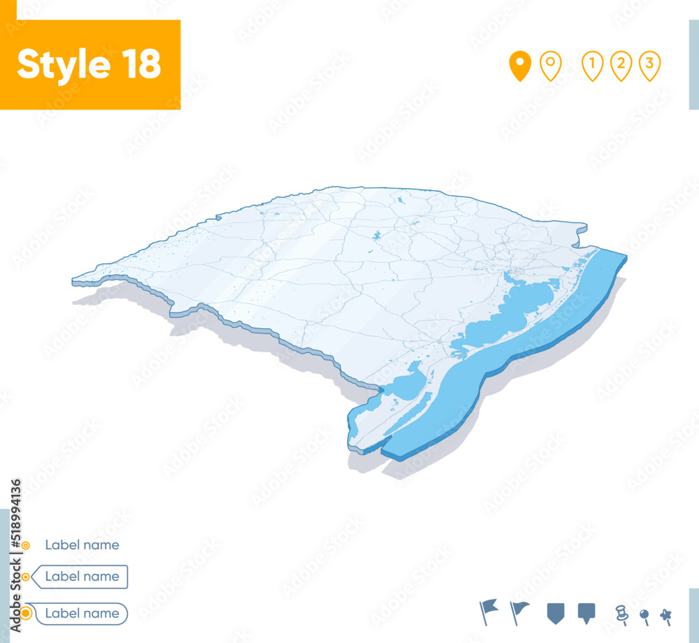 Rio Grande Do Sul, Brazil - 3d map on white background with water and roads. Vector map with shadow.