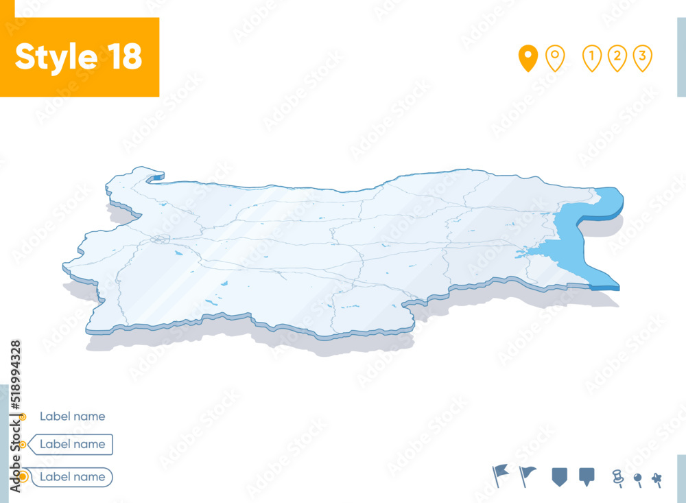 Bulgaria - 3d map on white background with water and roads. Vector map with shadow.