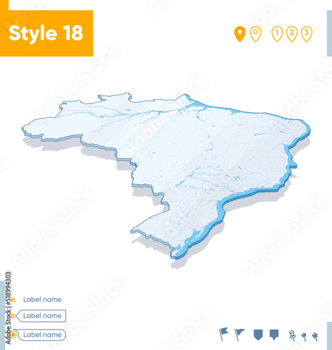 Brazil - 3d map on white background with water and roads. Vector map with shadow.