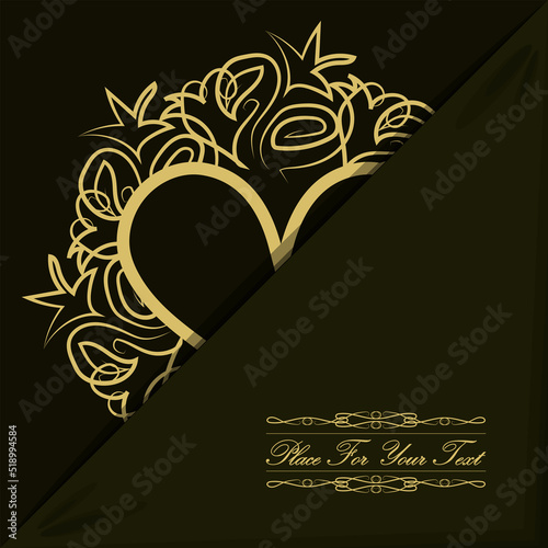 An envelope with an original decorated heart for a postcard, invitation, greeting, business card, booklet and more. Golden stylized patern, emblem on a khaki background. Vector illustration