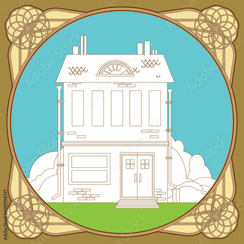 Country house on a background of green grass and blue sky. Drawing for coloring in an elegant vintage frame. Vector illustration