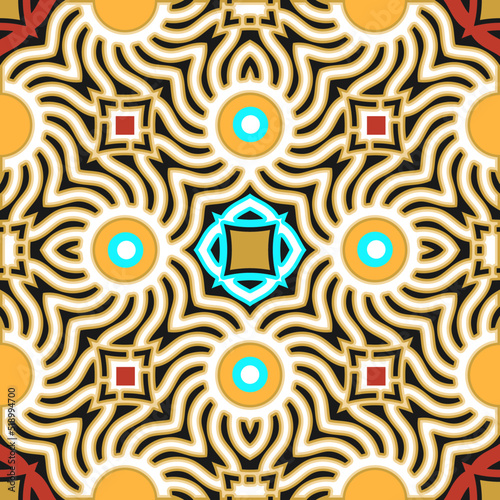 Seamless patern with original abstract composition. Stylized spider web with decorative geometric elements on a dark background. Vector illustration