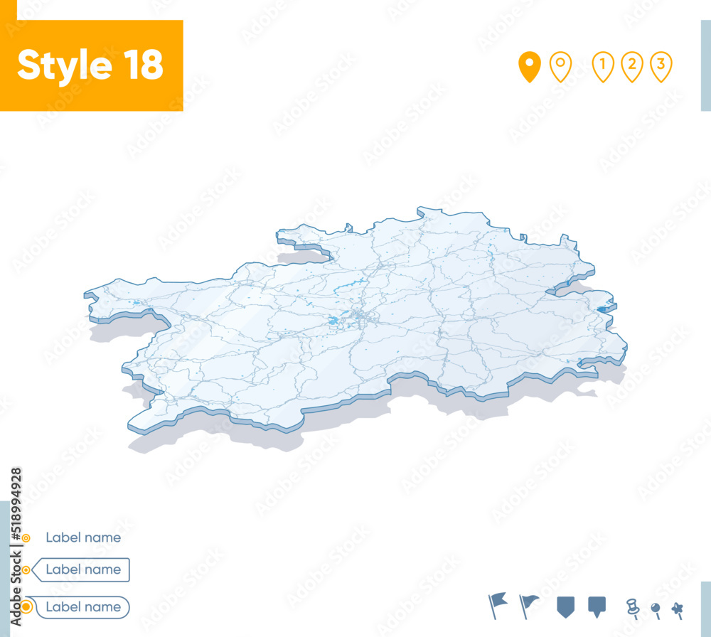 Guizhou, China - 3d map on white background with water and roads. Vector map with shadow.