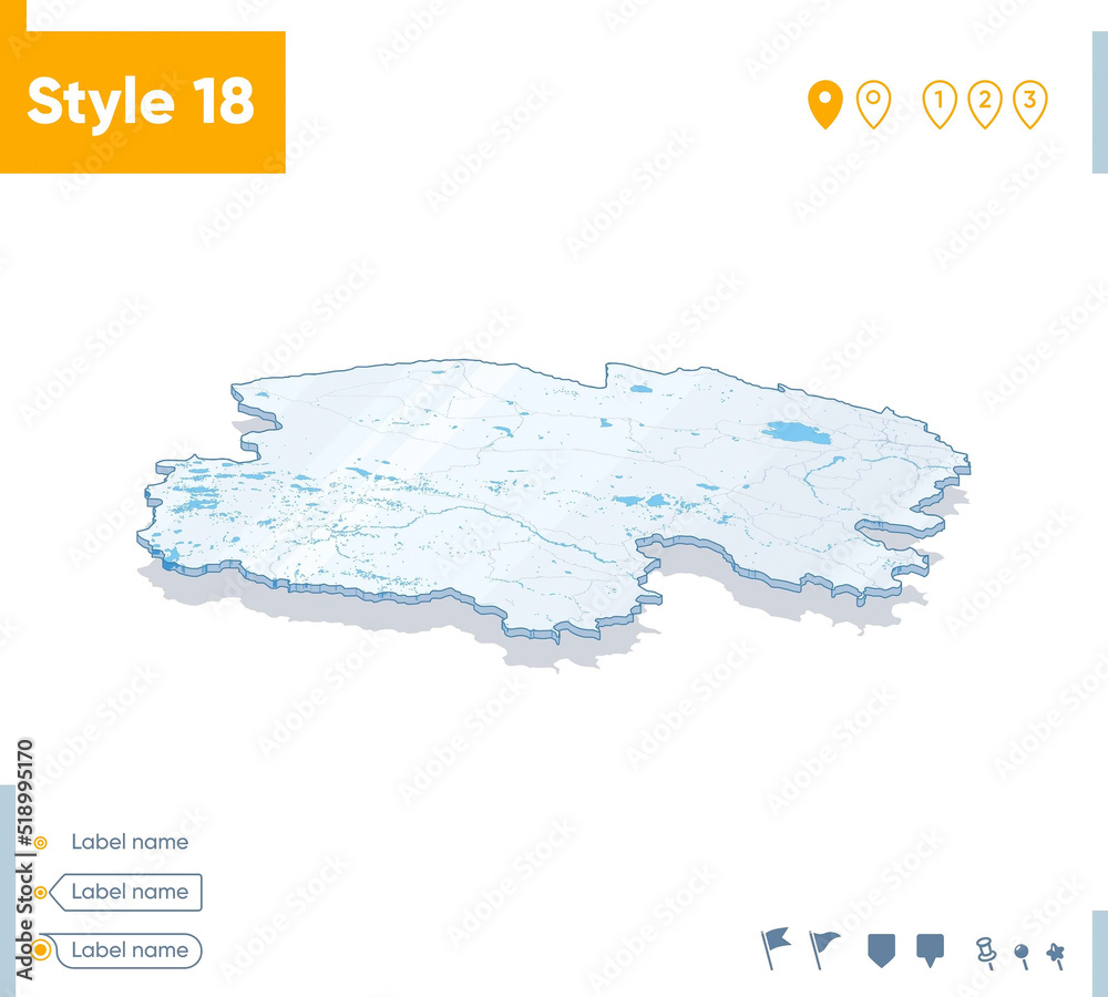 Qinghai, China - 3d map on white background with water and roads. Vector map with shadow.