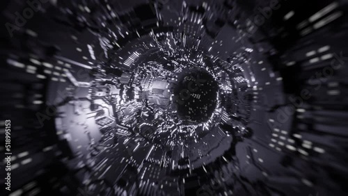 Motion graphic 4K flying into digital technologies tunnel. Technological and connection motion background.