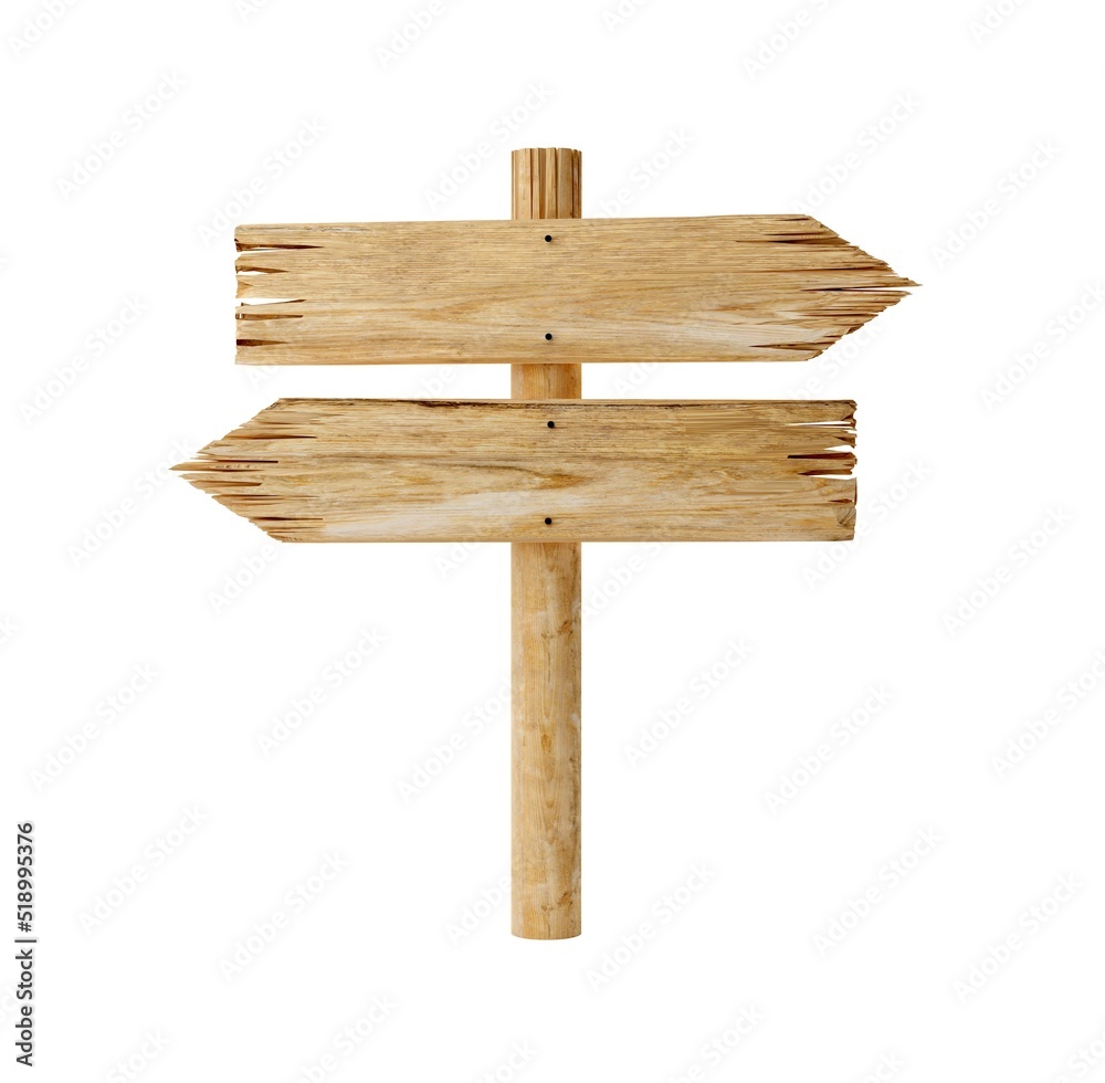 Two empty, blank wooden arrow dircetion signs on wood post with room for text, wooden board sign template isolated on white background Two empty, blank wooden arrow dircetion signs on wood post with room for text, wooden board sign template isolated on white background