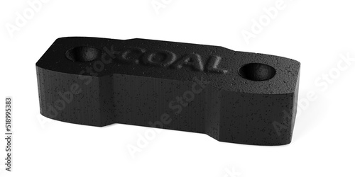 Single black coal briquet or briquette over white background