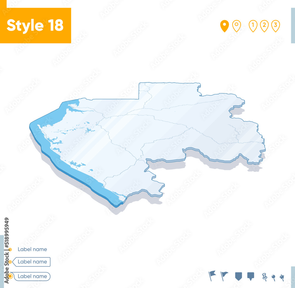 Gabon - 3d map on white background with water and roads. Vector map with shadow.