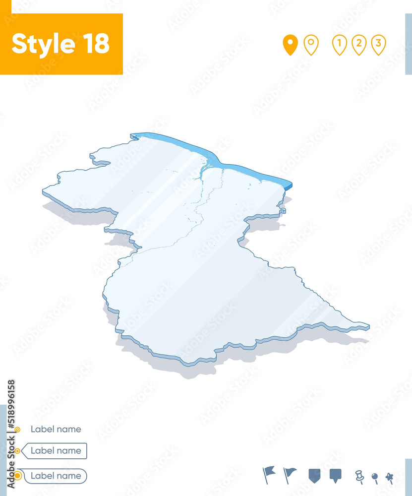 Guyana - 3d map on white background with water and roads. Vector map with shadow.