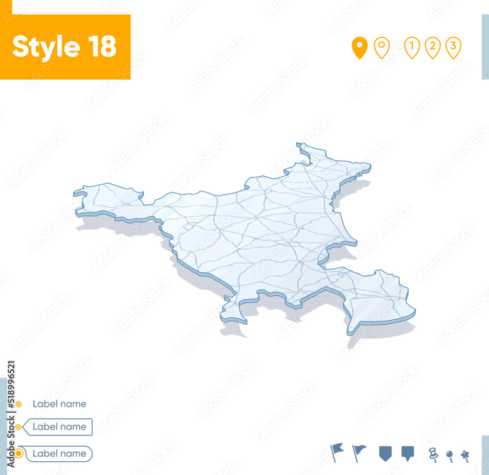 Haryana, India - 3d map on white background with water and roads. Vector map with shadow.